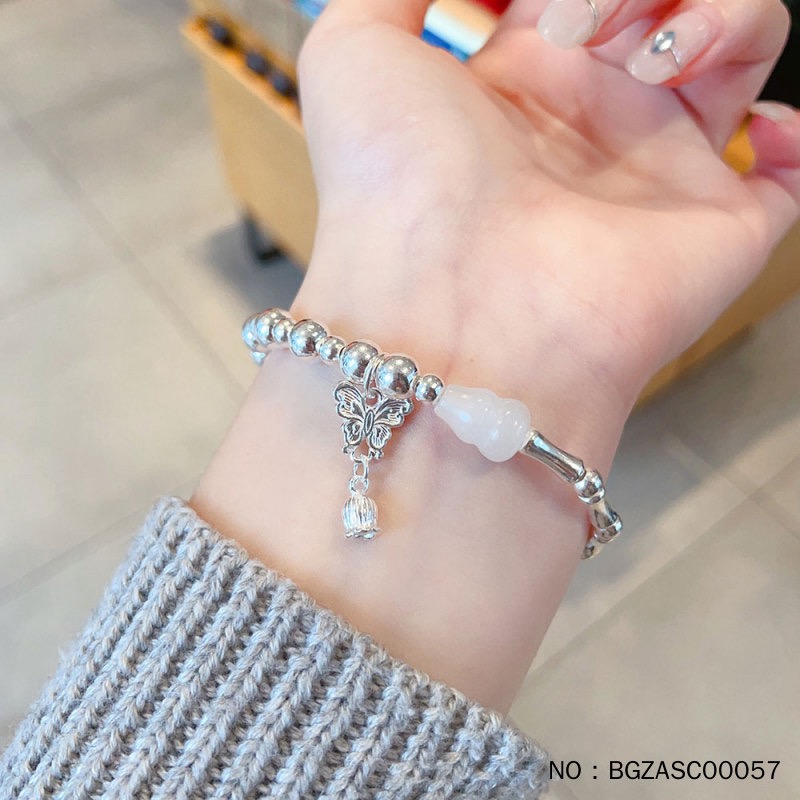 Vòng Tay Bạc Phối Charm Bướm - Hồ Lô Ngọc Đông Linh - Chuỗi Kiểu Đốt Trúc