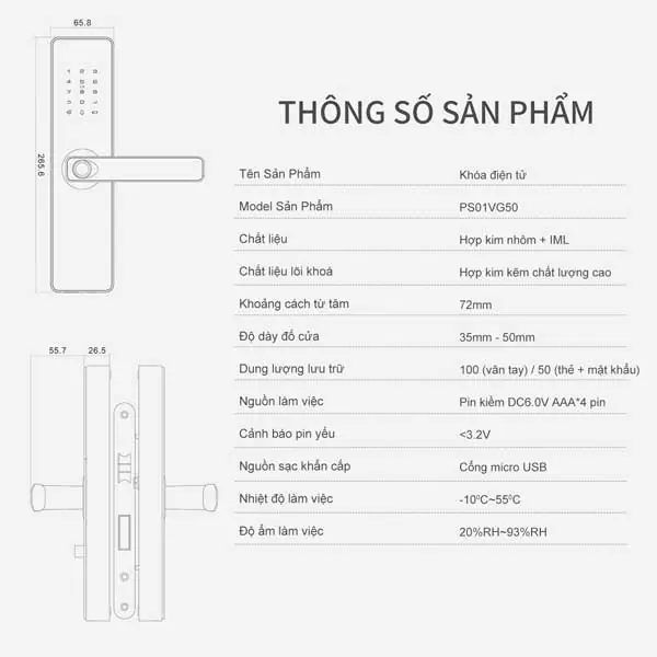 Khóa vân tay cửa gỗ PASINI PS01VG50 màu xám