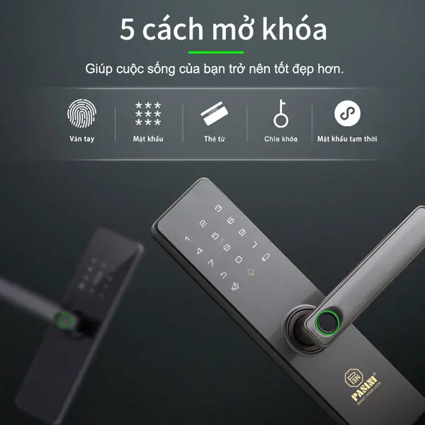 Khóa vân tay cửa gỗ PASINI PS01VG50 màu xám