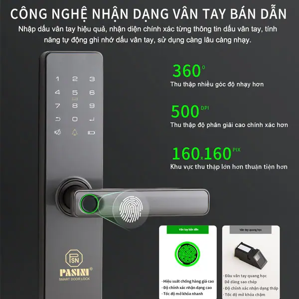 Khóa vân tay cửa gỗ PASINI PS01VG50 màu xám