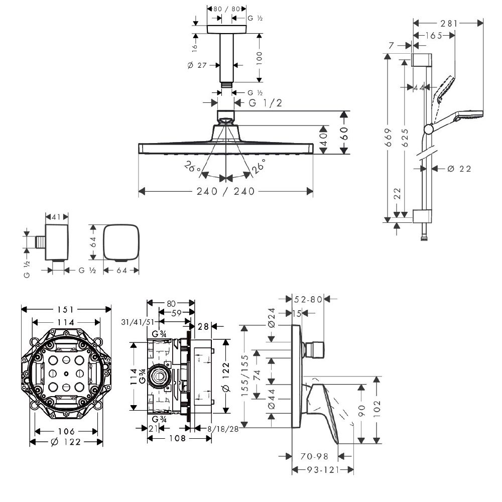 Bộ sen thả trần Hansgrohe Logis EcoSmart E240