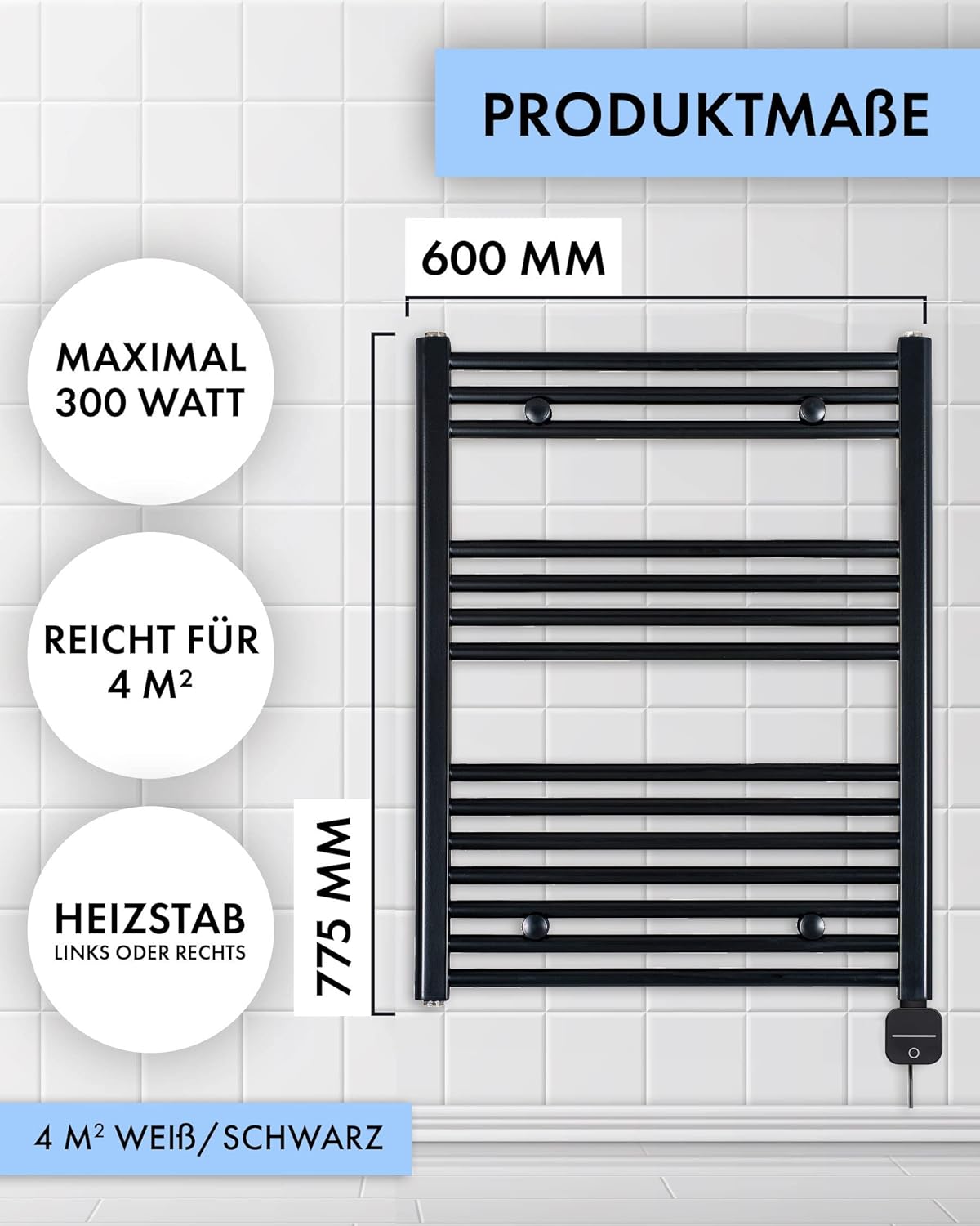 Sưởi khăn tắm Anapont , màu đen, Made in Germany | 775x600mm