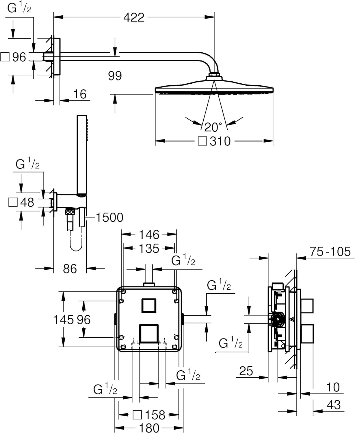 Sen tắm âm tường Grohe Precision 310 Cube | 34879000