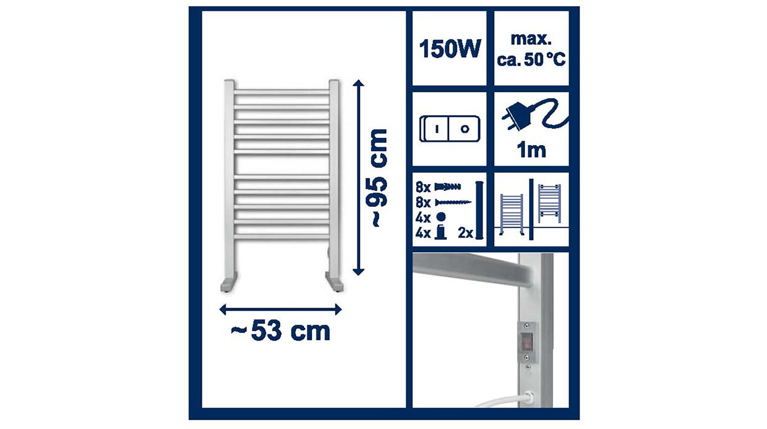 Giá sưởi khăn tắm điện Olpe 150W màu bạc 95x53 cm