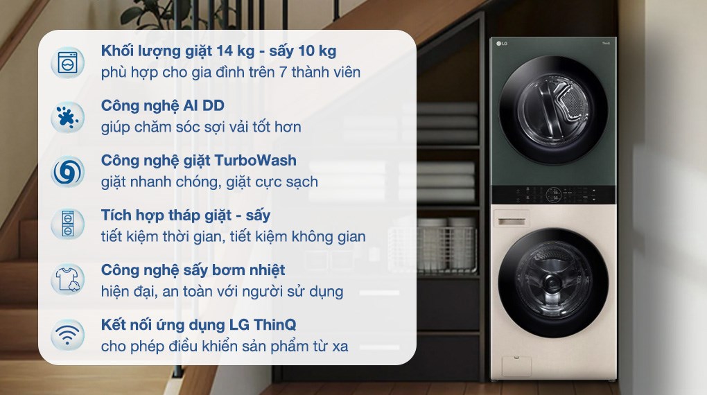 Tháp giặt sấy LG WashTower Inverter giặt 14kg - sấy 10kg | WT1410NHEG