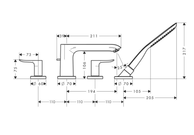 Vòi xả bồn tắm Hansgrohe 4 lỗ Metris F-Set | 31442000