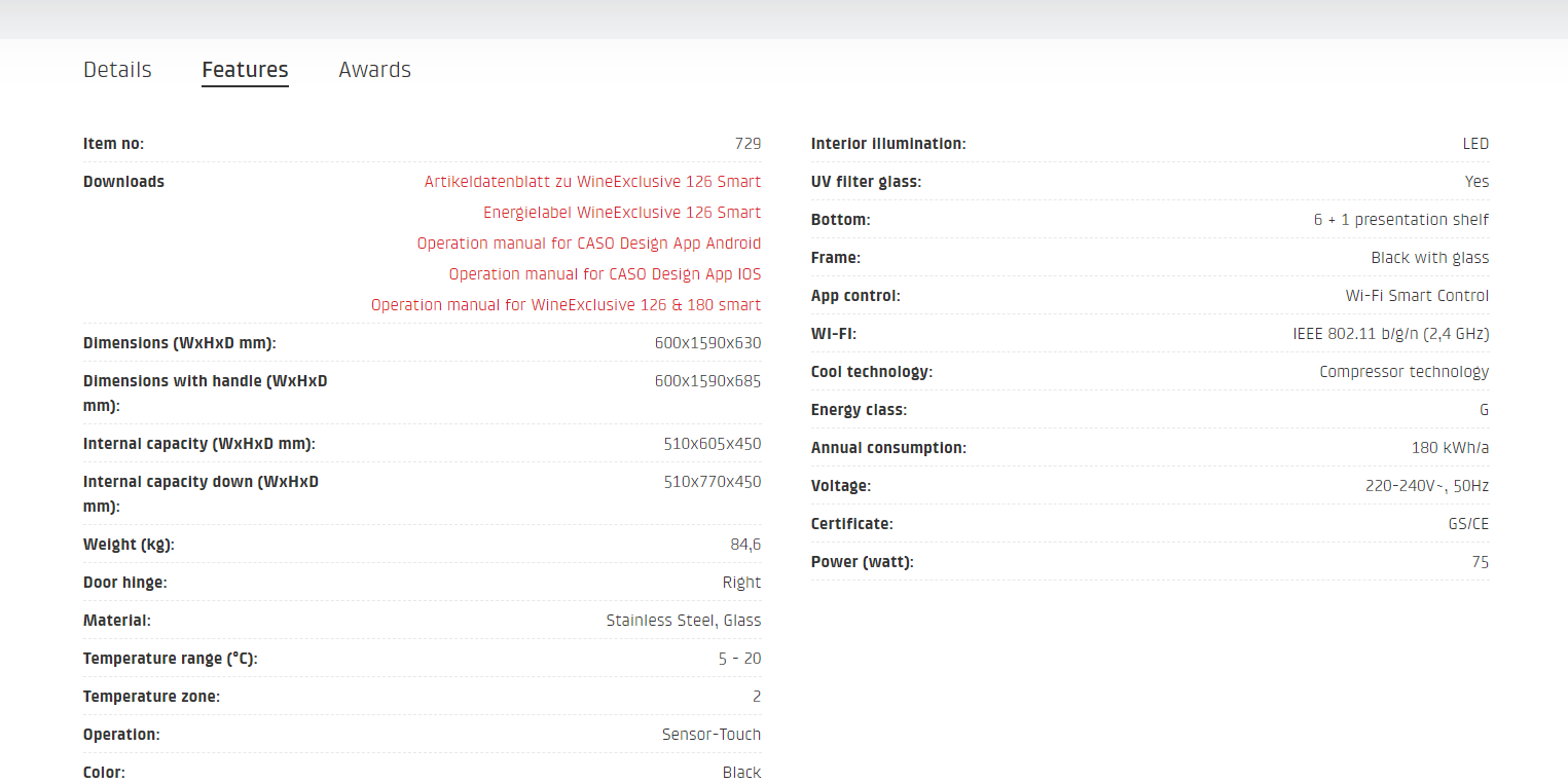 Tủ bảo quản Rượu Vang CASO WineExclusive 126 Smart | 729
