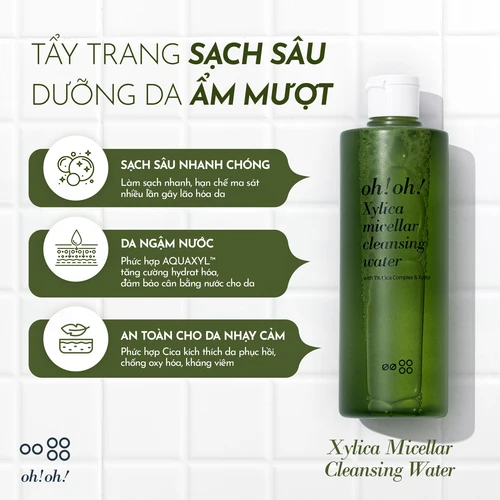 Nước tẩy trang oh! oh! Xylica Micellar sạch sâu, phục hồi da, không cồn 500ml