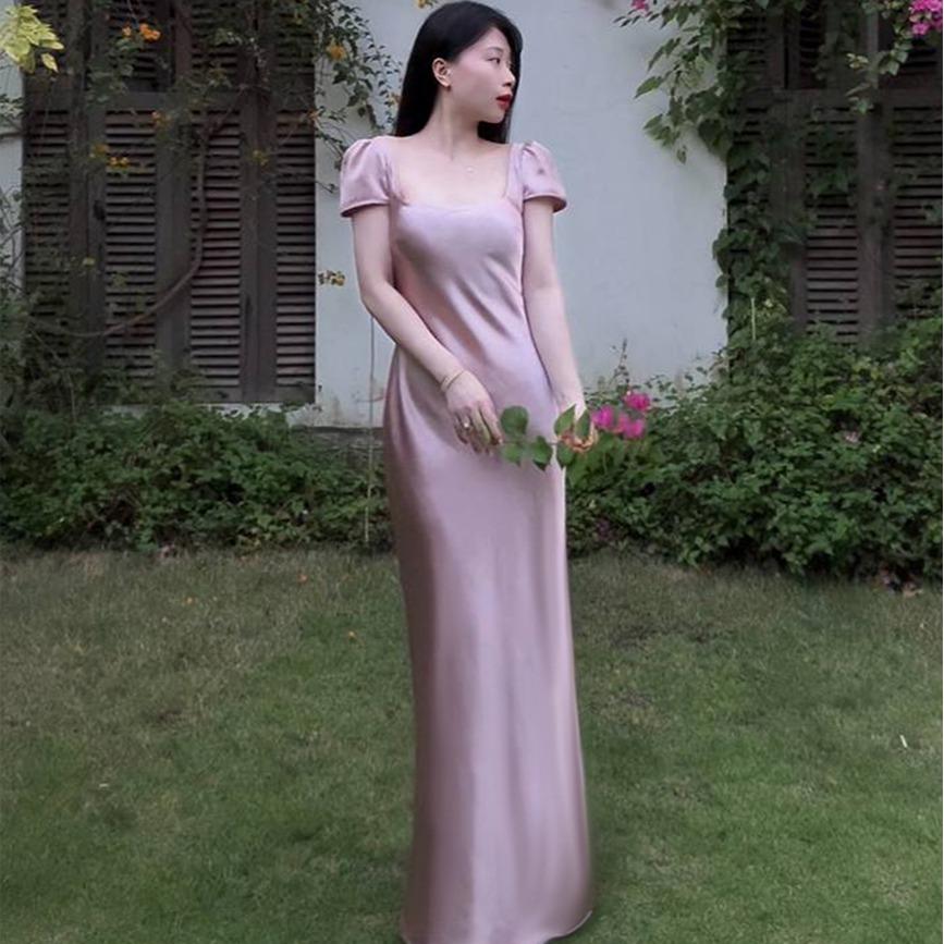 |DLD-007| Đầm Lụa Cổ Vuông Có Tay