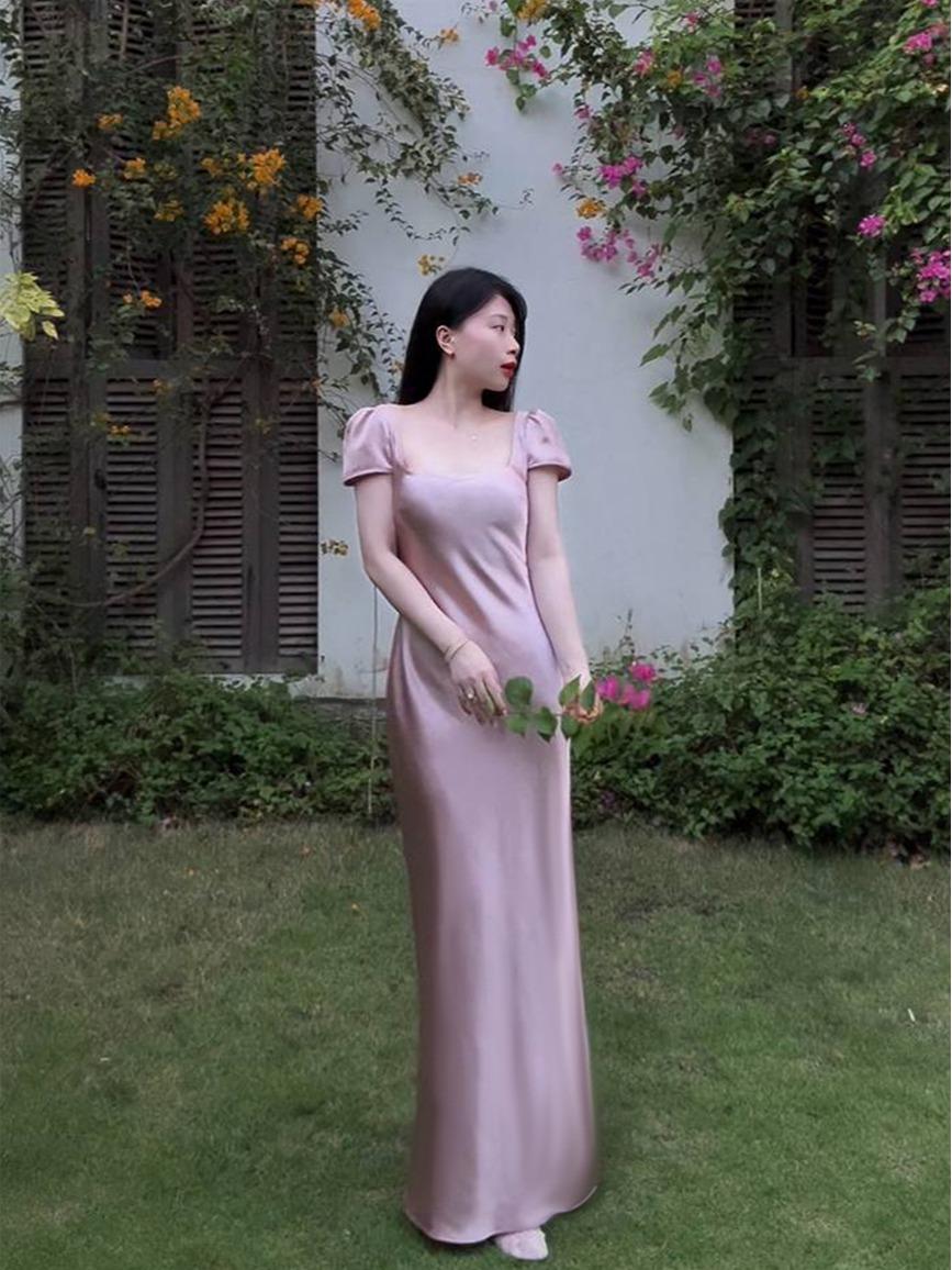|DLD-007| Đầm Lụa Cổ Vuông Có Tay