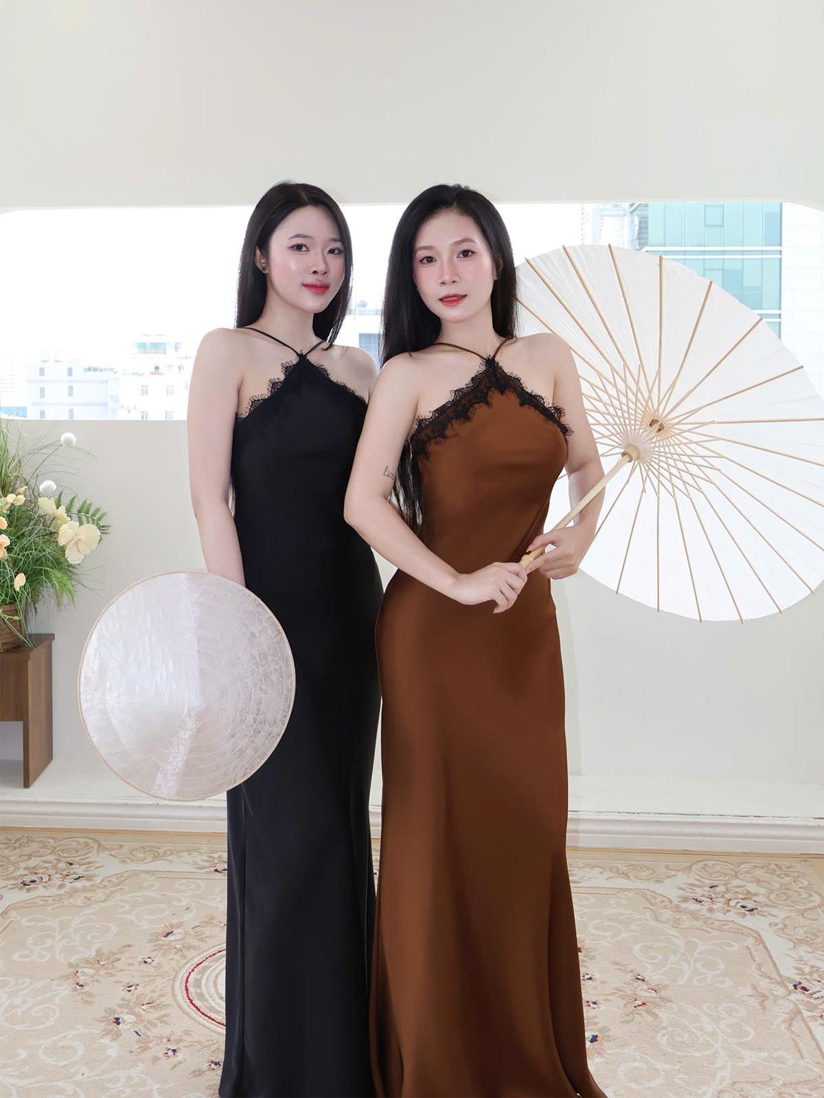 |DLD-028| Đầm Lụa Cổ Yếm Phối Ren,Form Dài Có Dây Kéo