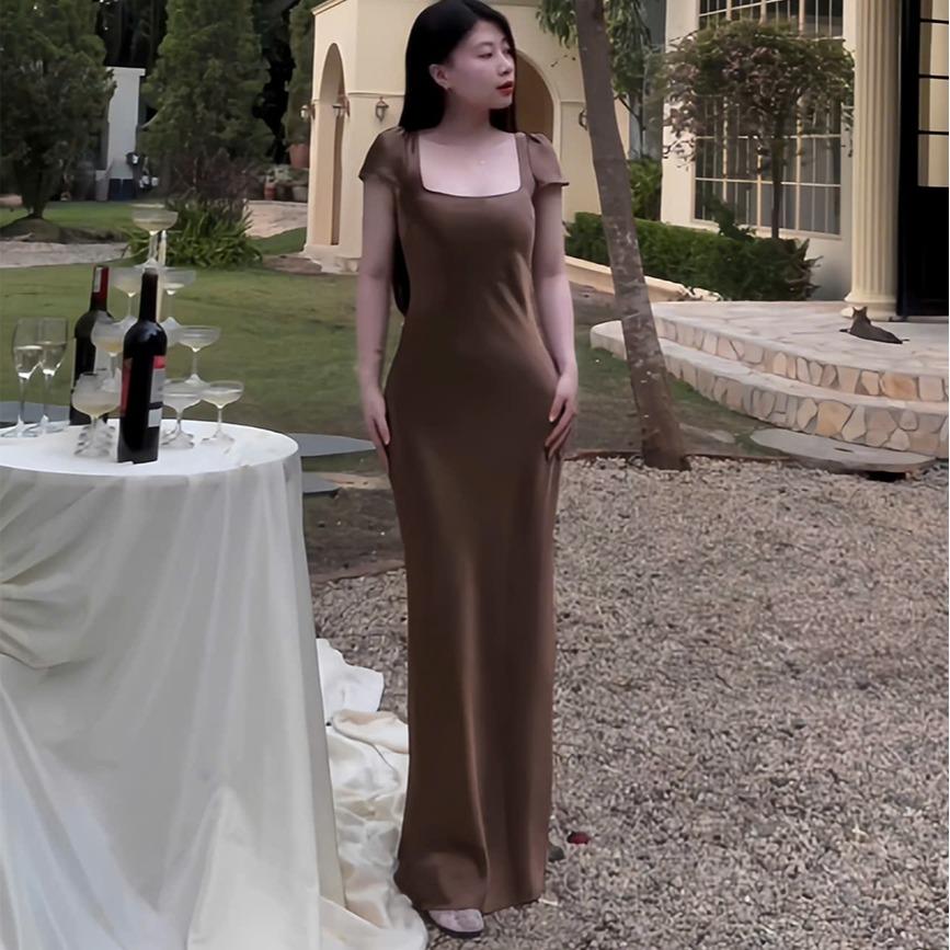 |DLD-007| Đầm Lụa Cổ Vuông Có Tay
