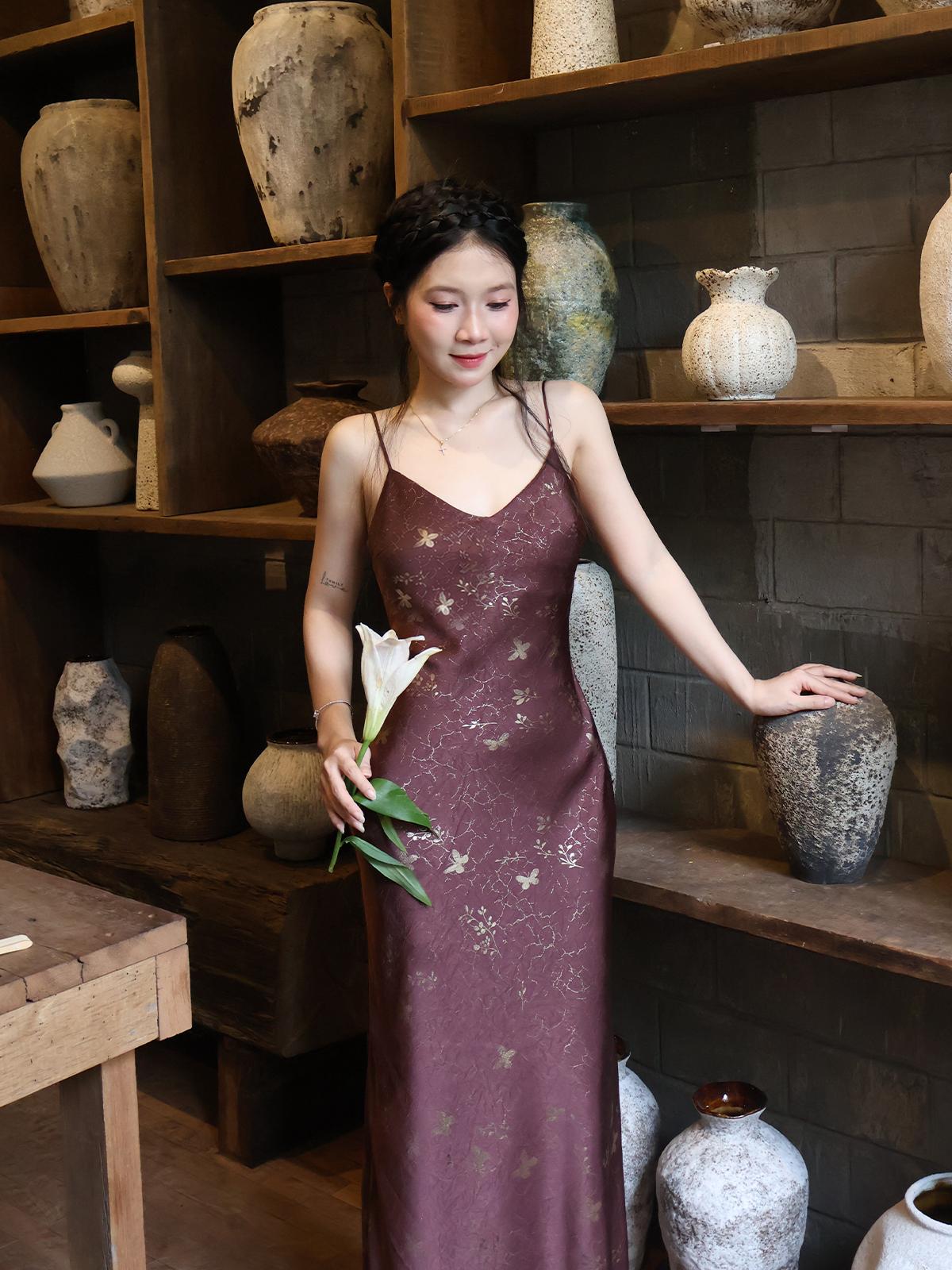|DLD-029| MỘNG ĐIỆP Đầm Lụa Hai Dây Gấm