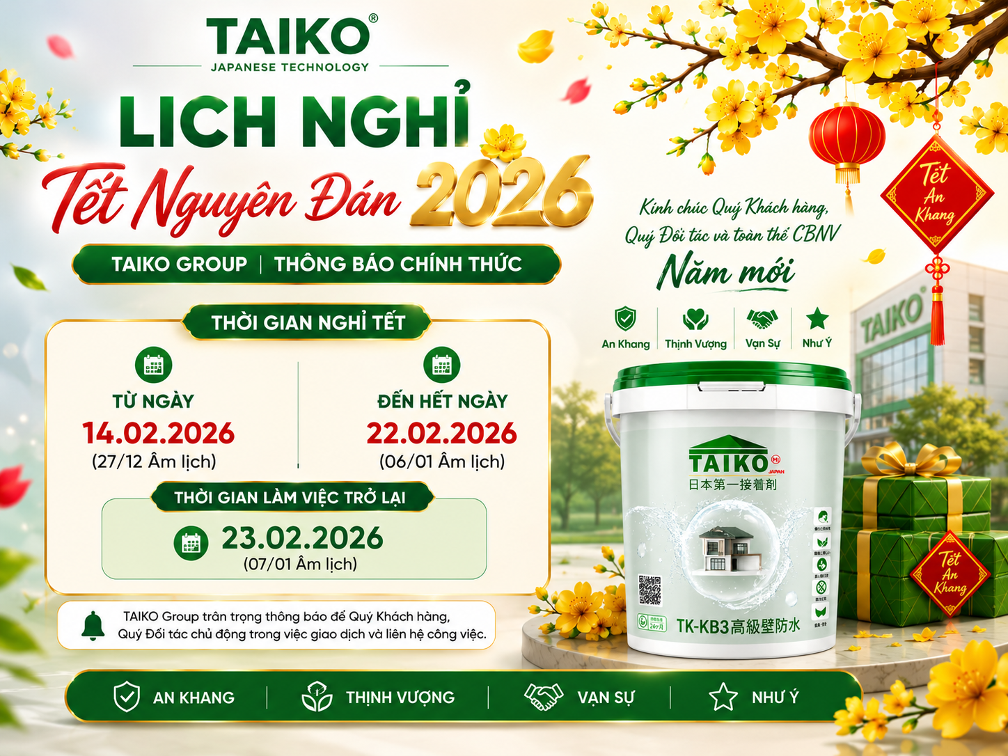 Lịch Nghỉ Tết Nguyên Đán 2026 TAIKO Group | Thông Báo Chính Thức