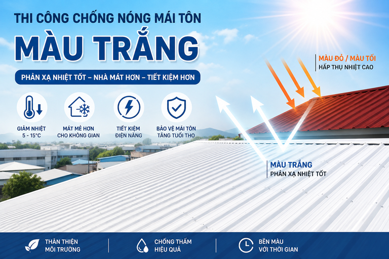 Thi Công Chống Nóng Mái Tôn Màu Trắng – Giảm Nhiệt Hiệu Quả Hơn Màu Đỏ Và Màu Tối