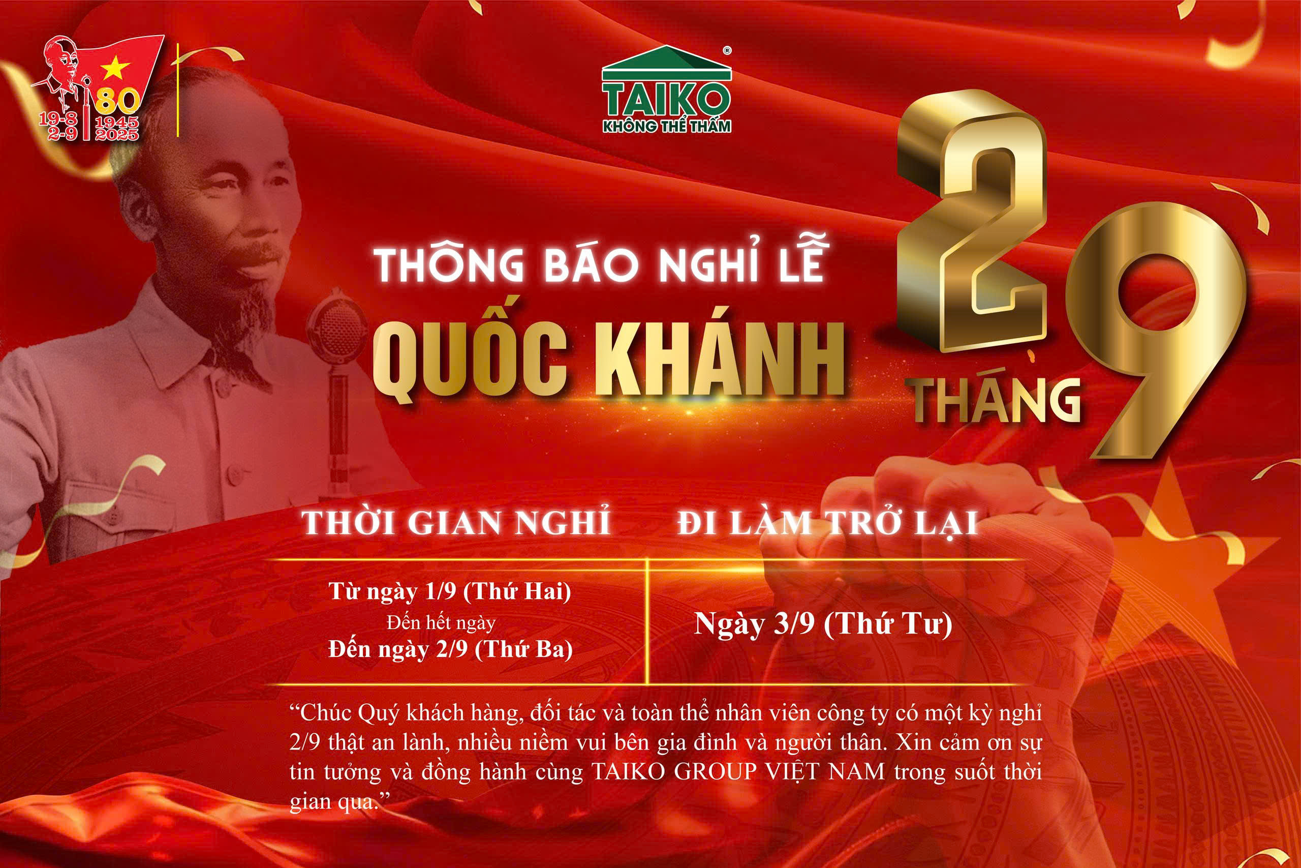 Thông Báo Nghỉ Lễ Quốc Khánh 2/9 Năm 2025 – TAIKO GROUP