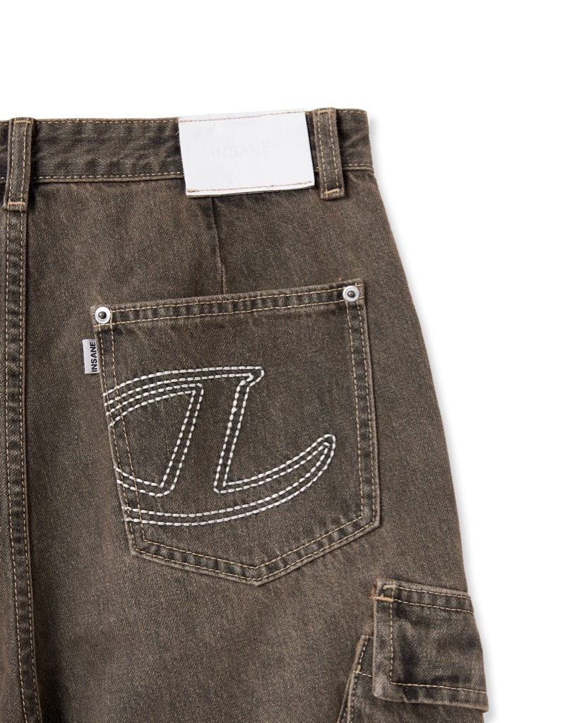 Insane® Cross Waist Cargo Denim Pants - Dirty Brown