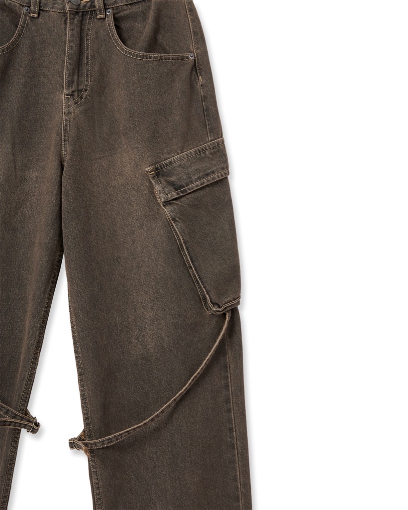 Insane® Cross Waist Cargo Denim Pants - Dirty Brown