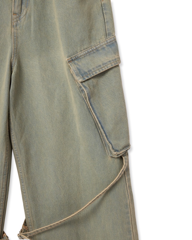 Insane® Cross Waist Cargo Denim Pants - Dirty Green