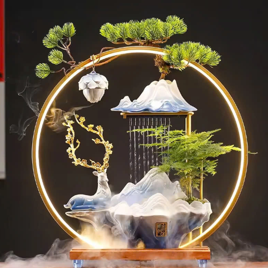 Thác Nước Phong Thủy Tượng Hươu Tài Lộc Kèm Kệ Led Hào Quang _KBPTTN029