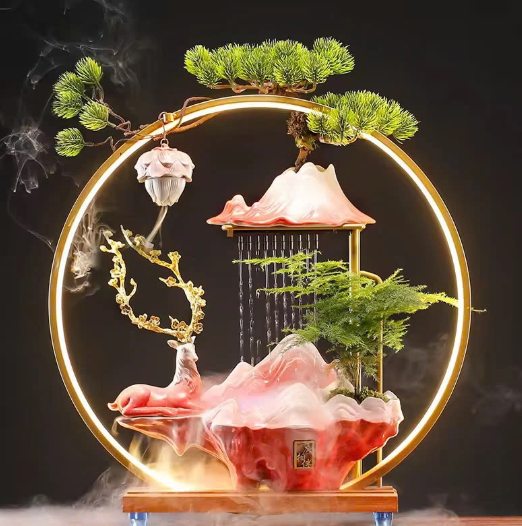 Thác Nước Phong Thủy Tượng Hươu Tài Lộc Kèm Kệ Led Hào Quang _KBPTTN029