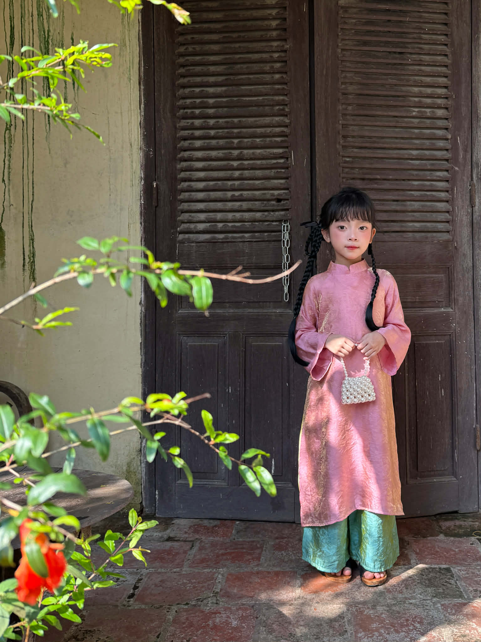 Set Áo Dài Hồng 4 Tà Quần Xanh