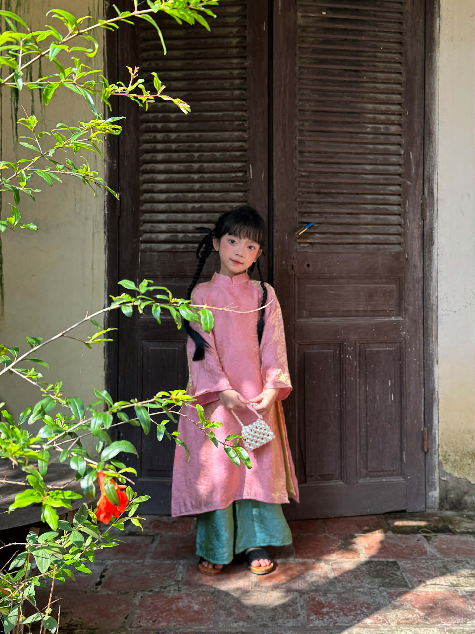 Set Áo Dài Hồng 4 Tà Quần Xanh