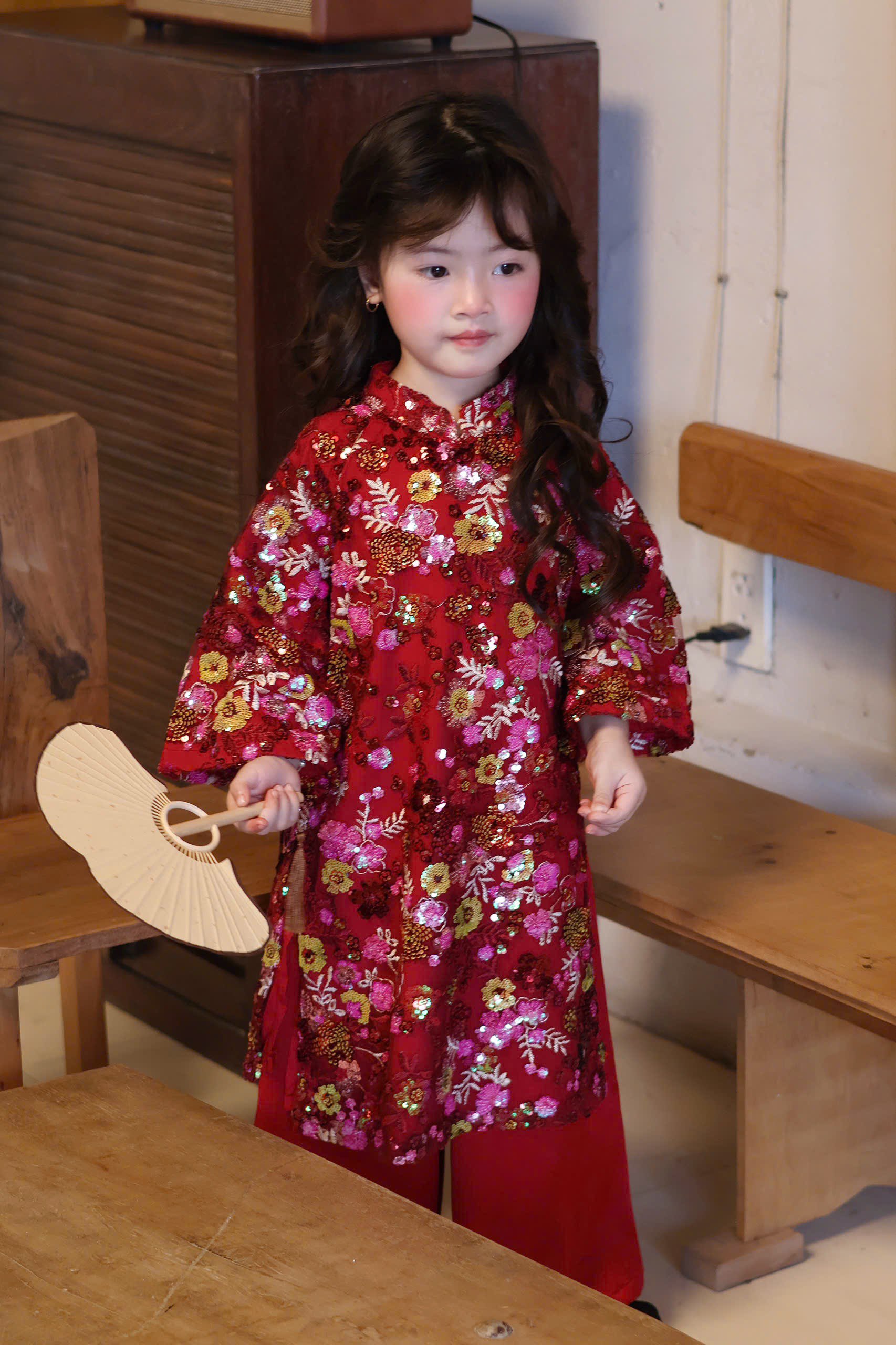 Set Áo Dài Đỏ Kim Sa Quần Đỏ