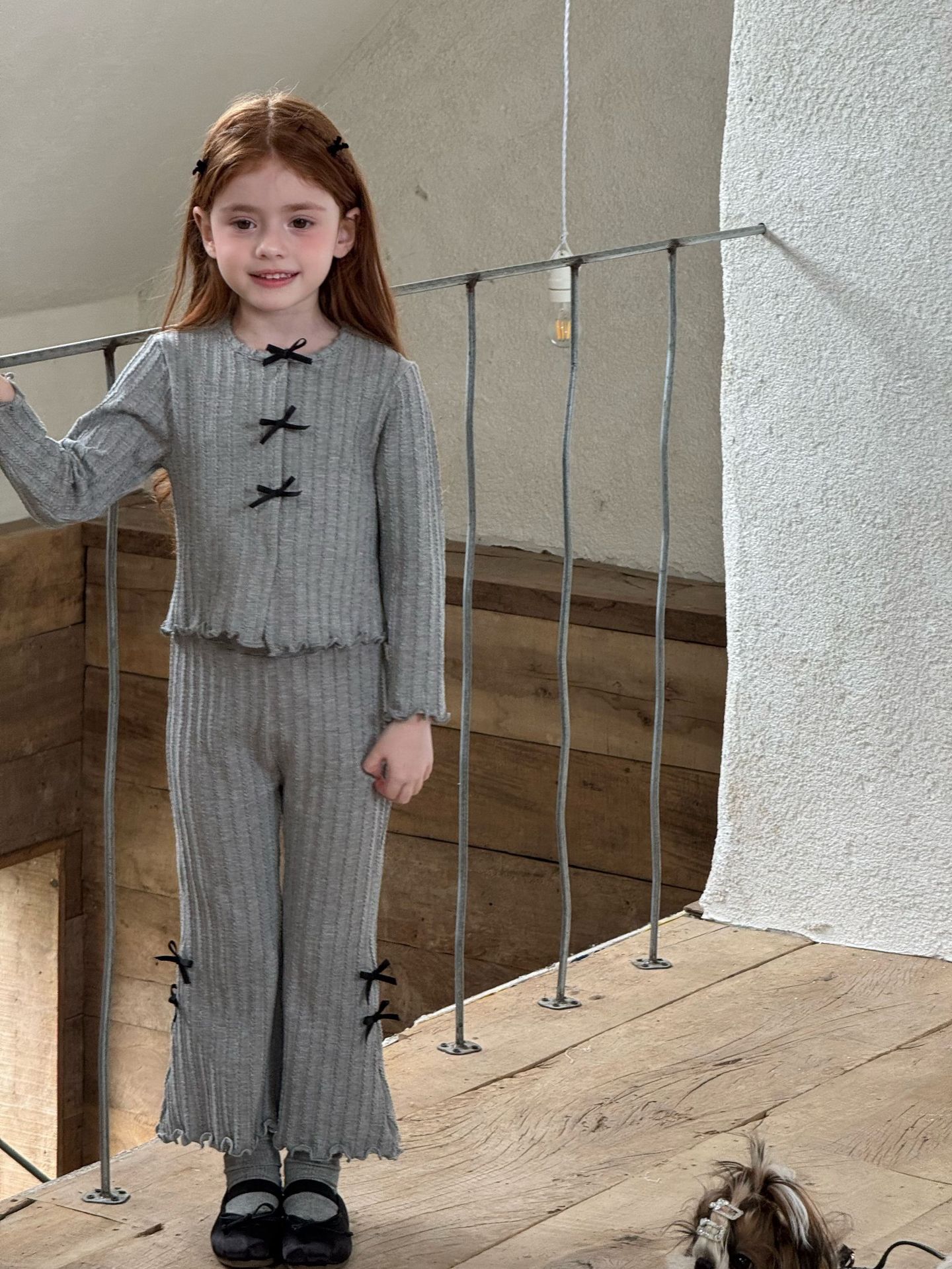 Set Dài Thun Xám Nơ Đen Ota