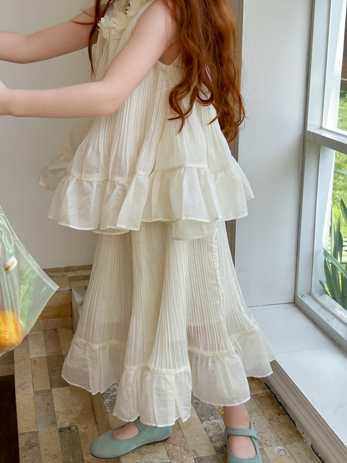 SET Dài Áo Váy Hoa Cổ Kem Peach