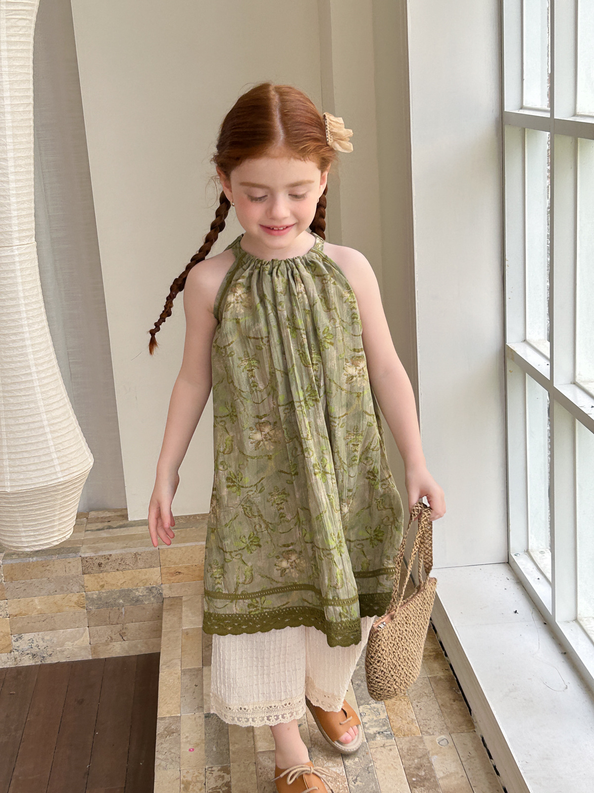 SET Dài Váy Hoa Xanh Quần Thun Kem Peach