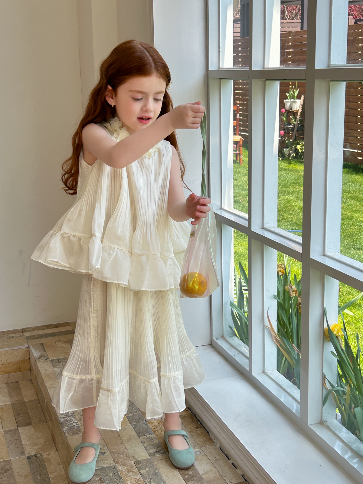 SET Dài Áo Váy Hoa Cổ Kem Peach