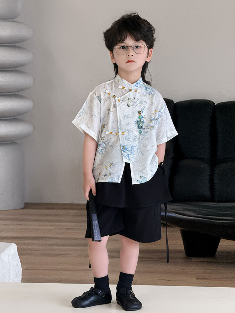 SN Áo Tàu Kem Họa Tiết+Quần Vạt Đen+ quạt YH