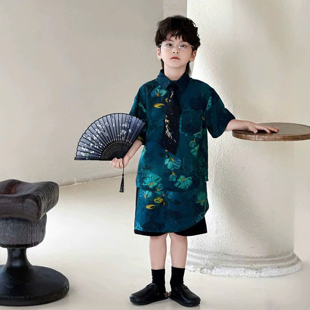 SN Áo Họa Tiết Xanh Đen+Quần Vạt Kèm Quạt YH