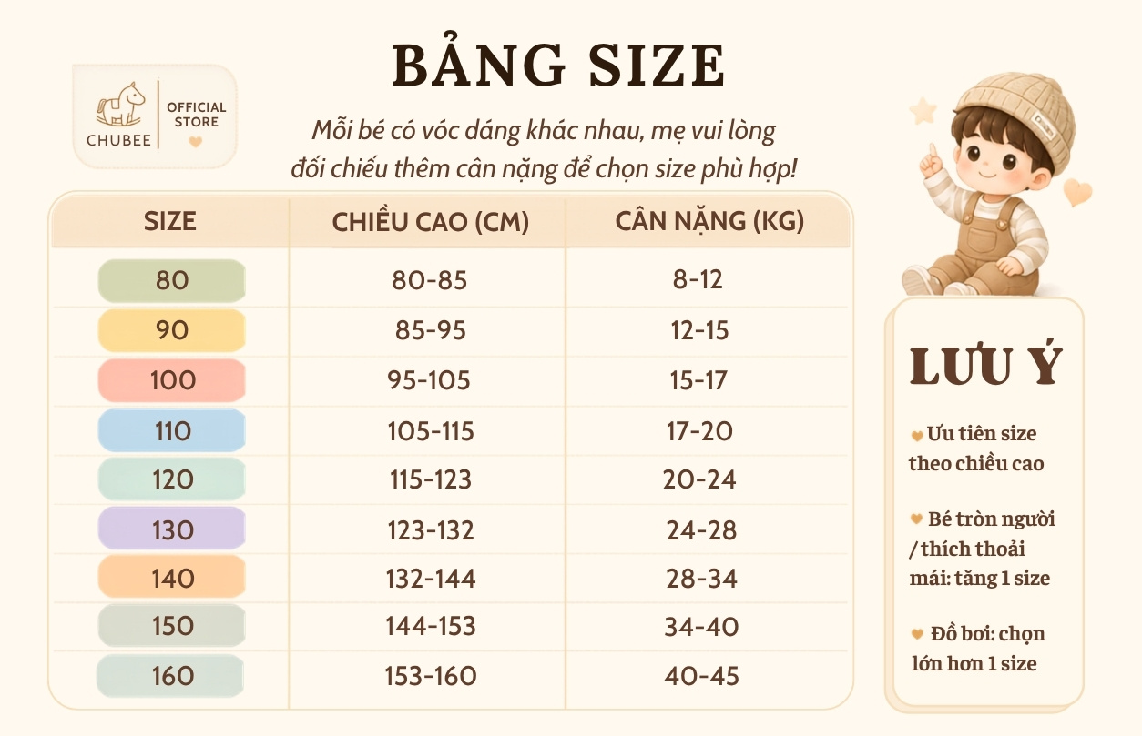 Bảng chọn size Áo Sơ Mi Hoa Hồng PL theo chiều cao và cân nặng, size 80-160