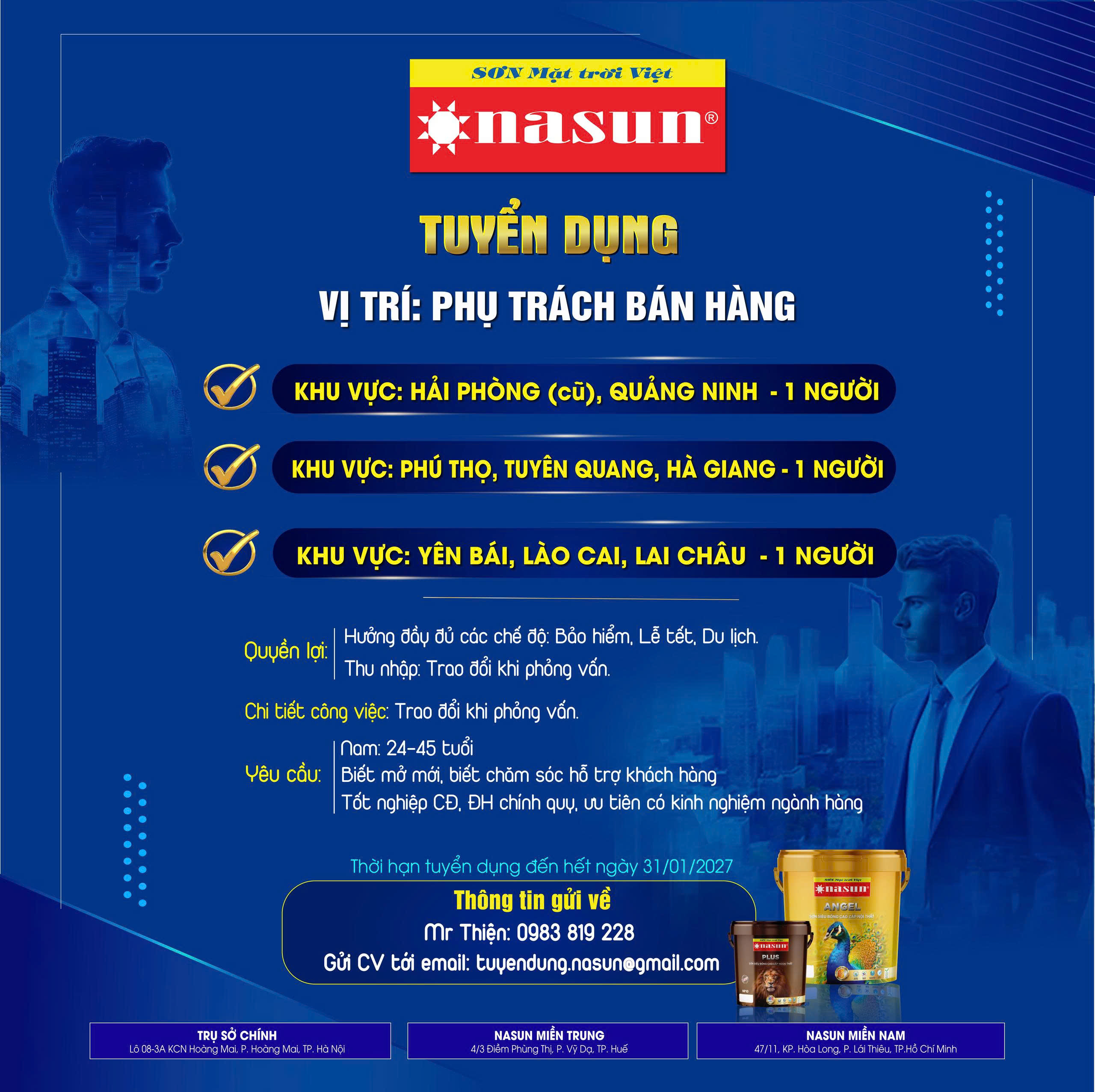 SƠN NASUN TUYỂN DỤNG PHỤ TRÁCH BÁN HÀNG TẠI 3 KHU VỰC