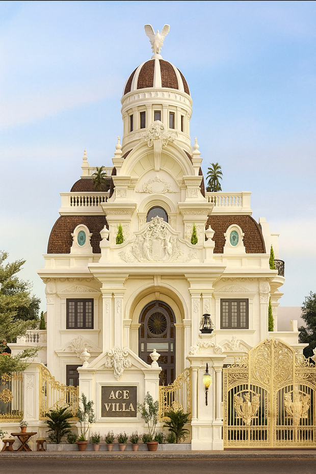 Biệt thự cổ điển sơn vàng kết hợp nâu gỗ quyền quý