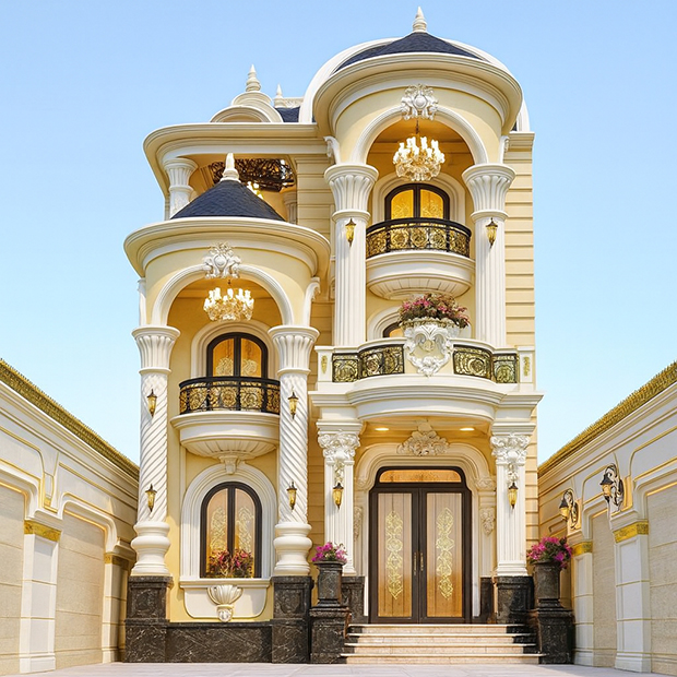 Biệt thự cổ điển sơn vàng kết hợp trắng tinh tế