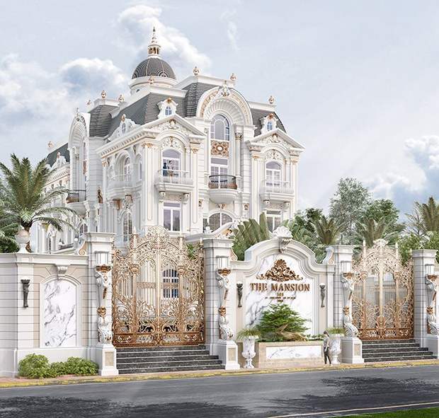 Mẫu biệt thự cổ điển sơn trắng phối xám tinh tế