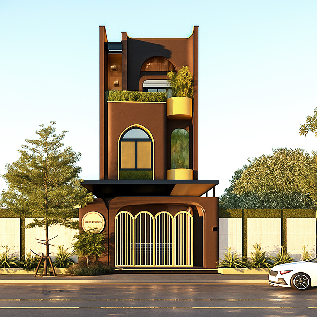 Mặt tiền nhà phố hiện đại sơn nâu sẫm phối vàng nhạt