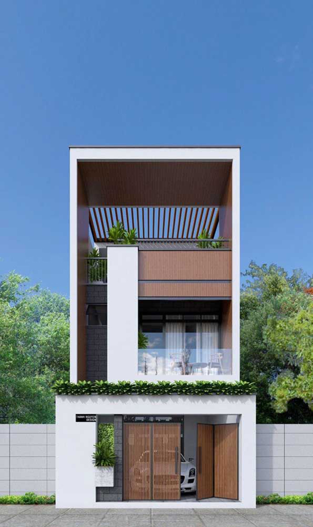 Mẫu nhà phố hiện đại sơn màu trắng kết hợp gỗ. Mẫu nhà phố hiện đại sơn màu trắng sang trọng với Sơn Nasun