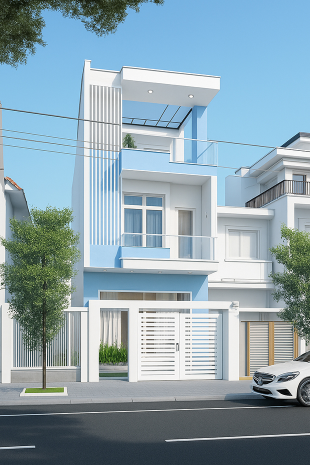 Nhà phố hiện đại sơn trắng phối xanh pastel trẻ trung