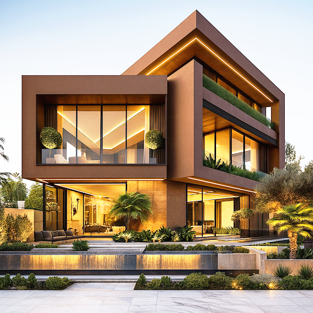 Villa hiện đại sơn màu nâu gỗ gần gũi thiên nhiên