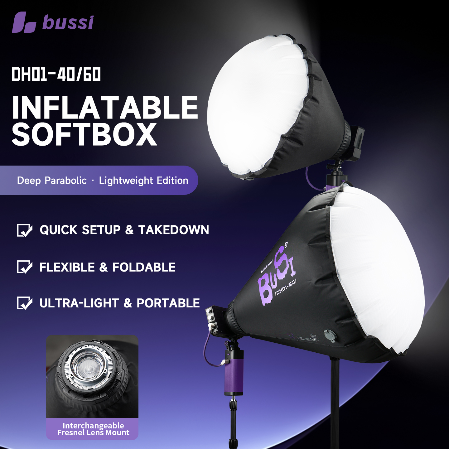 Softbox Bơm Hơi Deep BUSSI DH01-40 Fresnel – Thiết Lập Siêu Tốc Ngoài trời