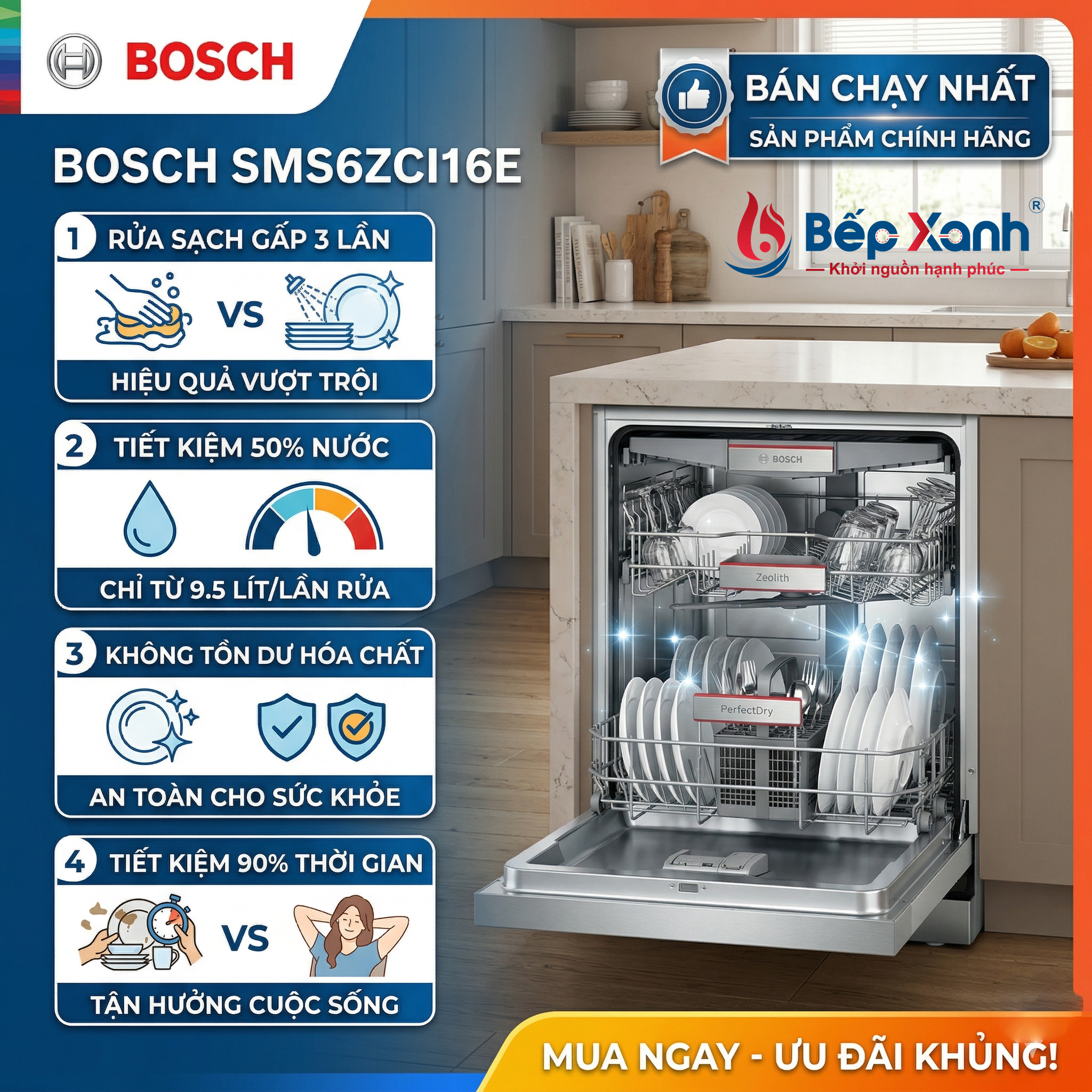 Máy Rửa Chén Độc Lập Series 6 Bosch SMS6ZCI16E / New 2024 - Nhập Khẩu Đức