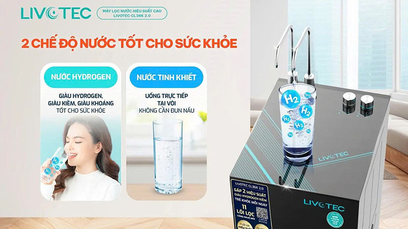 Livotec CL36K 2.0 cung cấp 2 chế độ nước tốt cho sức khỏe: RO - Hydrogen