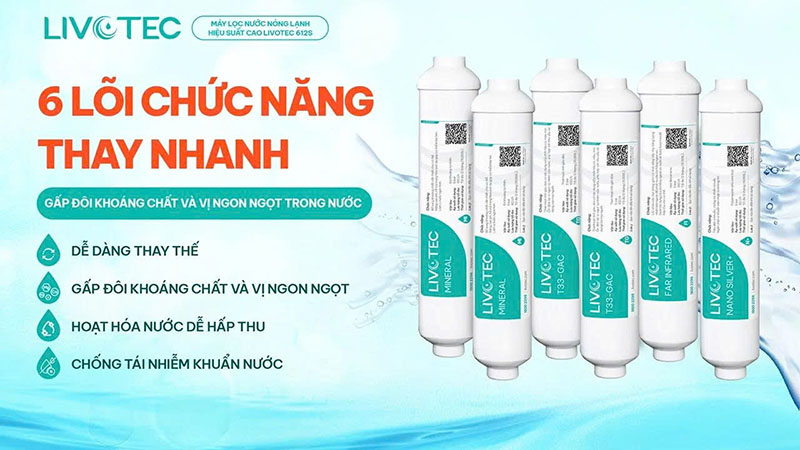 6 lõi chức năng thay nhanh giúp bù khoáng và khử mùi hôi còn lại trong nước