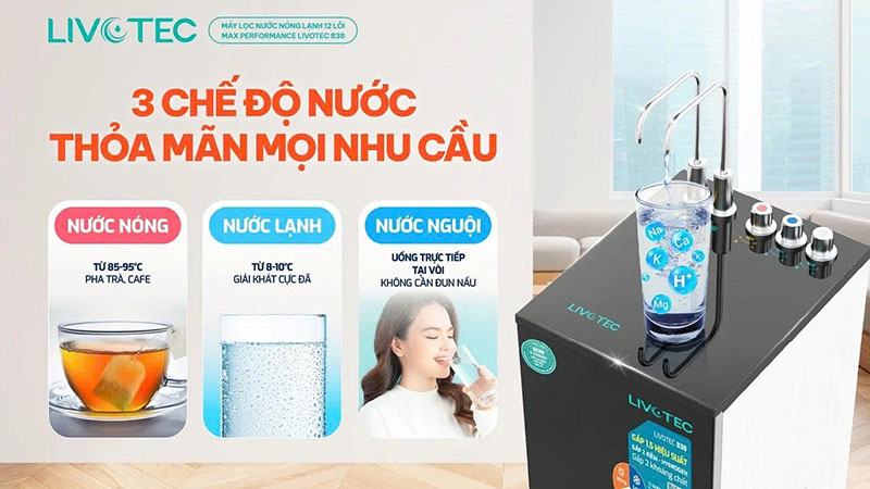 Livotec 838 tích hợp 3 chế độ nước tiện lợi: nóng - lạnh - nguội