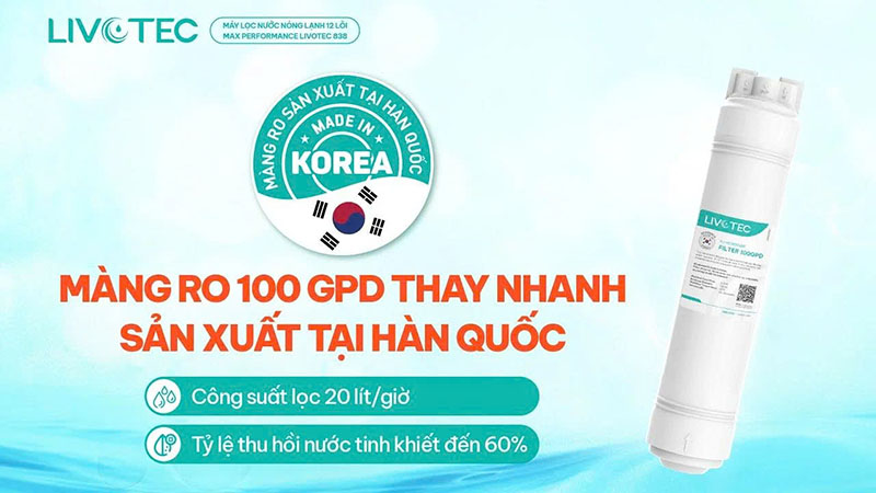 Màng RO Hàn Quốc 100GPD với công suất lọc 20L/H