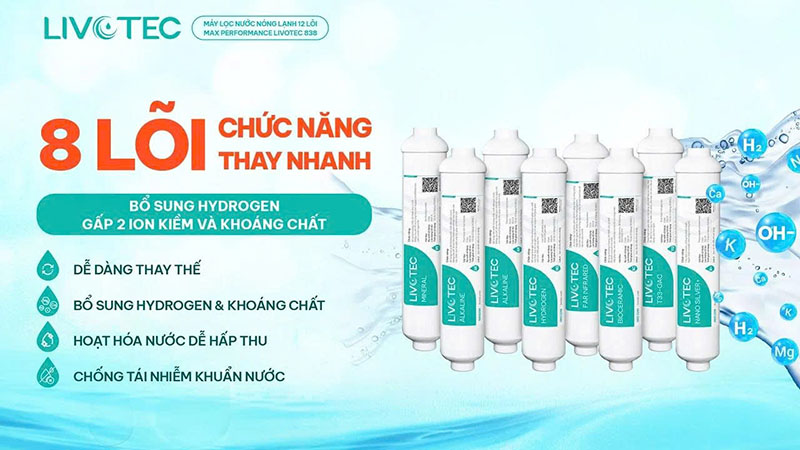 8 lõi chức năng thay nhanh bổ sung Hydrogen và gấp 2 ion kiềm, khoáng chất